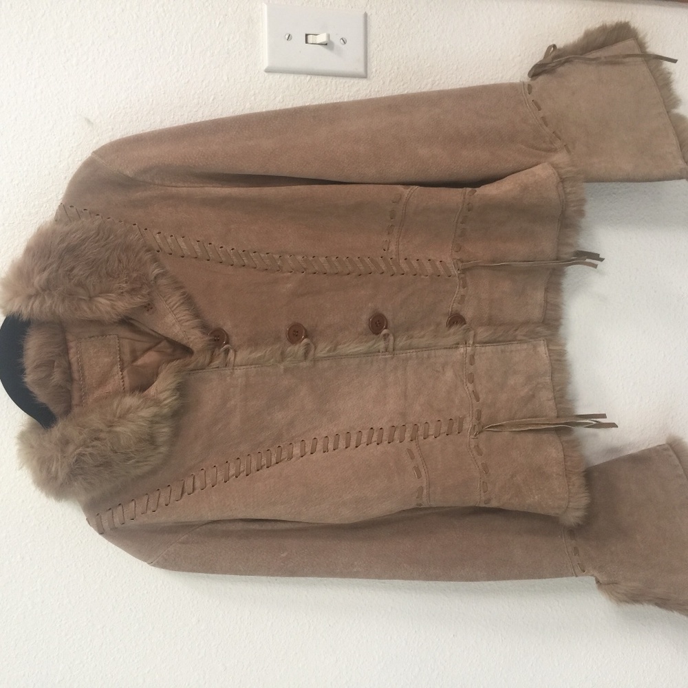 Vintage leather jacket with genuine rabbit fur trim
